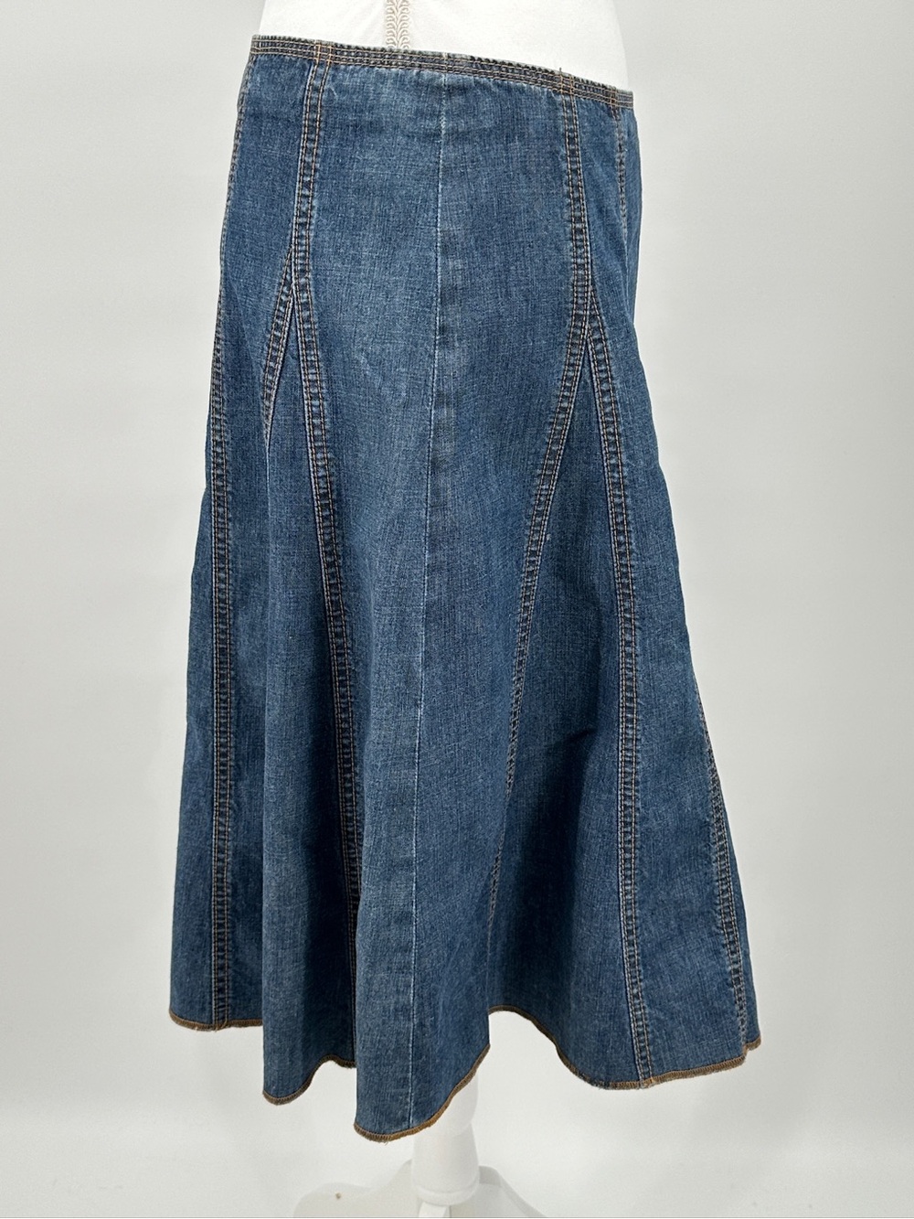 Gap Denim A-Line Midi Skirt Paneled Raw Edge Hem 100% Cotton Size 4 Y2K - Picture 4 of 10